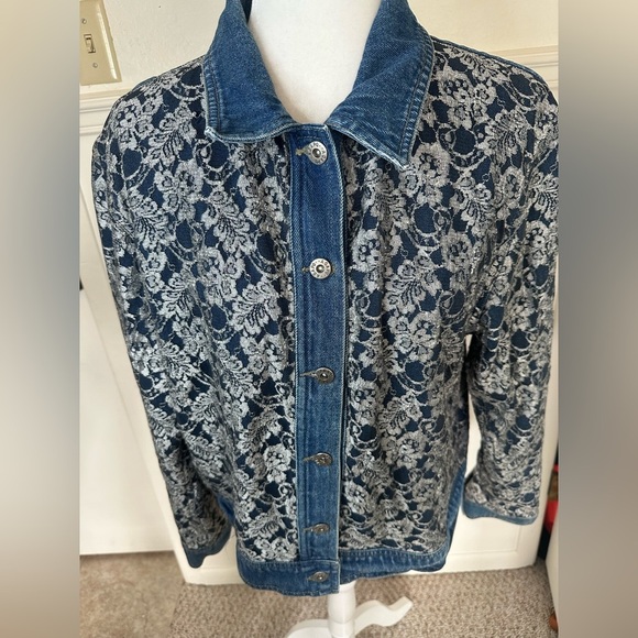 Asazy Vintage 80s 90s Lace Overlay Oversized Button Down Denim Jacket size L - Picture 1 of 8